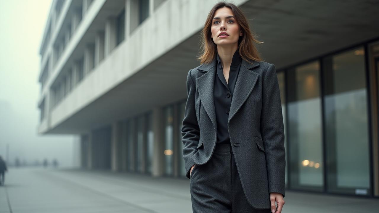 Femme marchant dans un décor architectural moderne en costume Borealis Threads