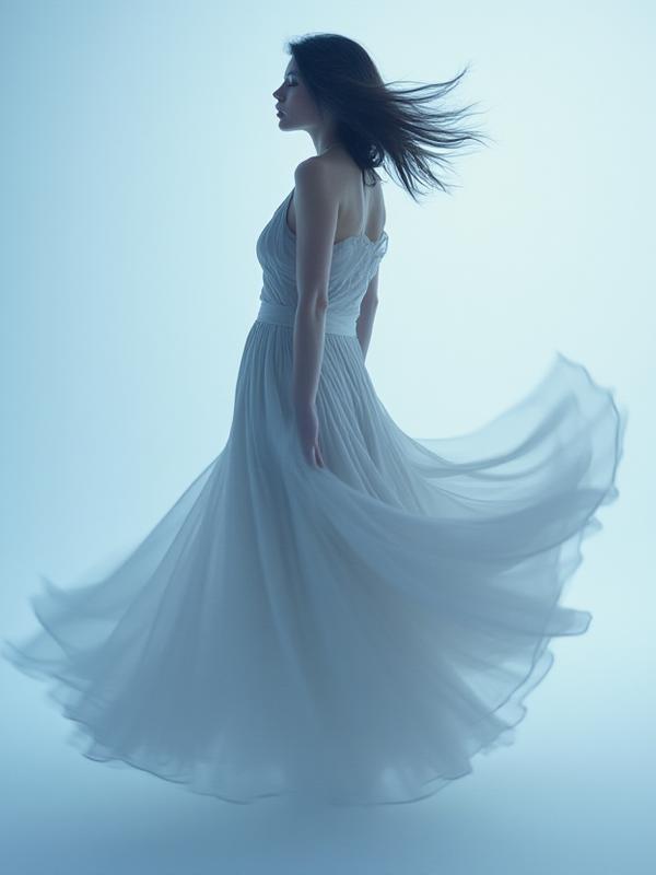 Robe fluide en satin gris perle en mouvement