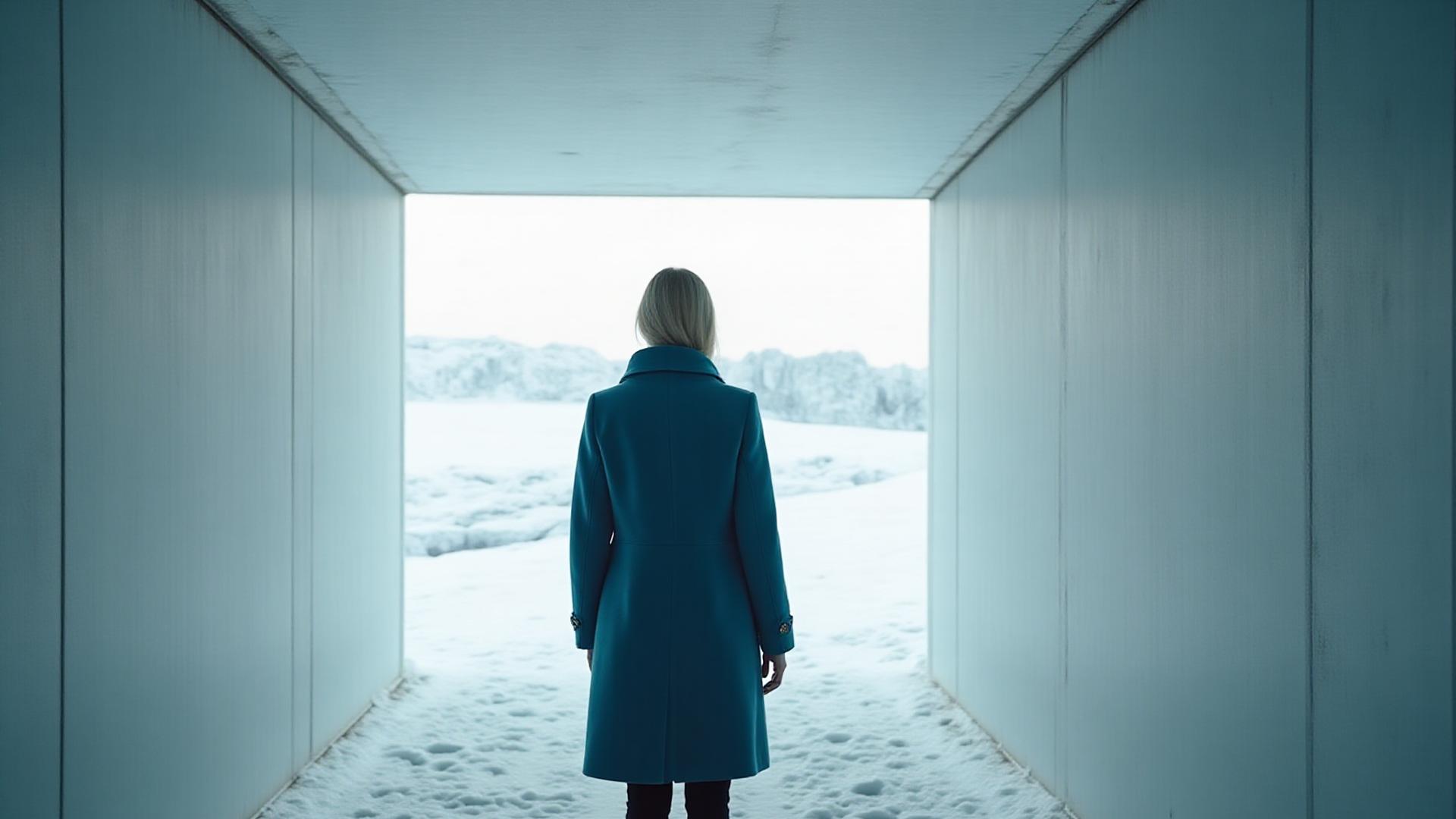 Mannequin portant une création Borealis Threads dans un paysage glaciaire abstrait