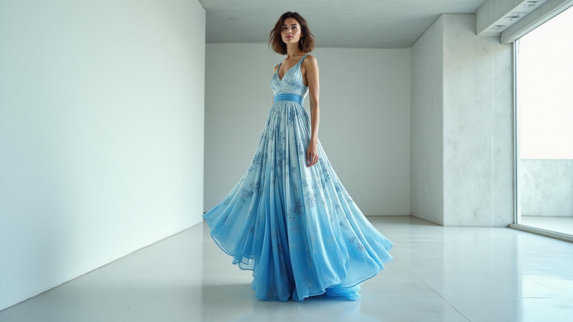 Femme marchant avec une robe fluide Borealis Threads, capturant le mouvement éthéré