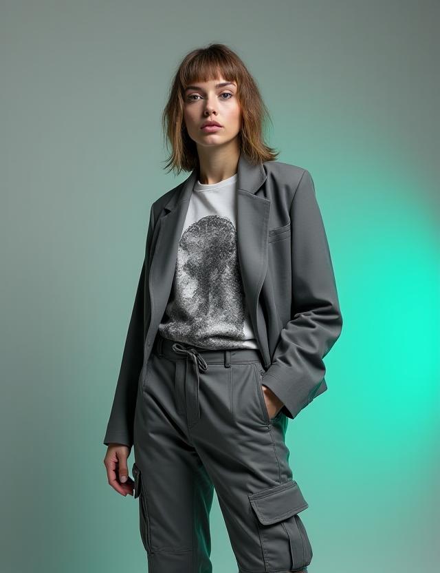 Mannequin portant le look signature Borealis 2026 : Blazer gris et pantalon cargo revisité