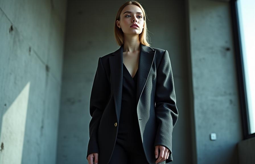 Blazer oversize gris anthracite Borealis Threads porté avec une élégance moderne