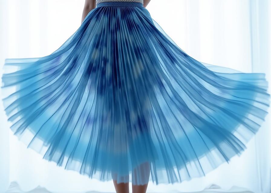 Mouvement d'une jupe plissée aux motifs abstraits bleus et gris